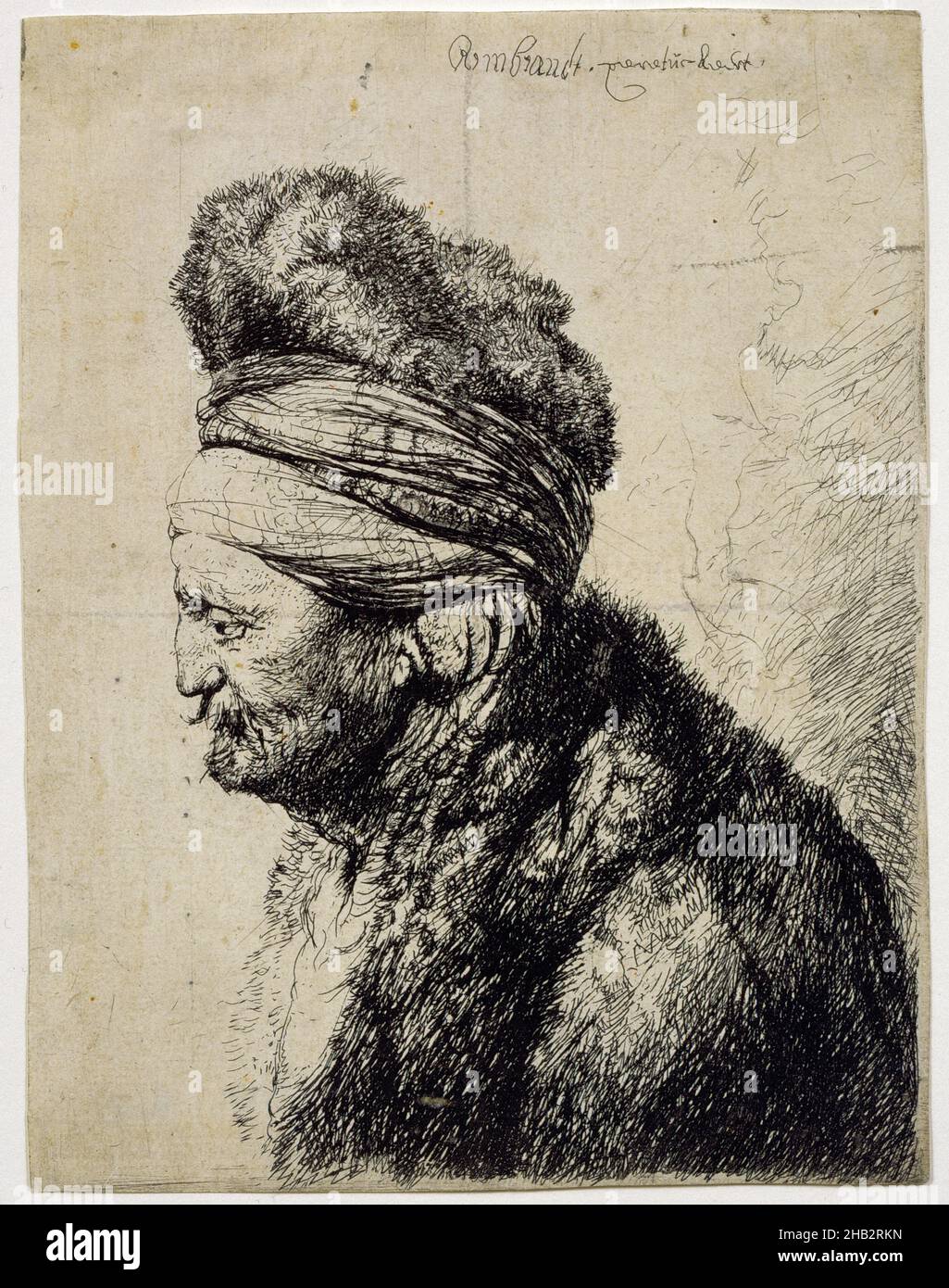 Der zweite orientalische Kopf, Rembrandt van Rijn, Niederländisch, 1606–1669, um 1635, Radierung, hergestellt in Amsterdam, Niederlande, Europa, Blatt (in Plattenmark zugeschnitten): 5 7/8 x 4 1/2 Zoll (14,9 x 11,5 cm Stockfoto