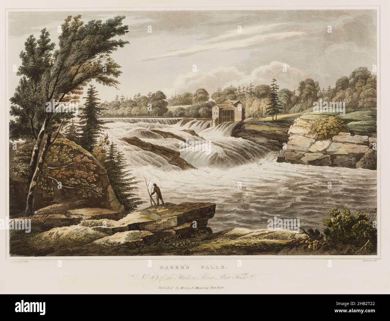 Baker's Falls, aus „The Hudson River Portfolio“, William Guy Wall, Irisch, 1792–nach 1864, John Hill, American (Born England), 1770–1850, 1823–24, handkoloriertes Aquatinta, Radierung, Und Gravur, Baker's Falls, New York, USA, Nord- und Mittelamerika, Drucke, Bild: 16 Zoll x 21 1/4 Zoll (40,6 x 54 cm Stockfoto