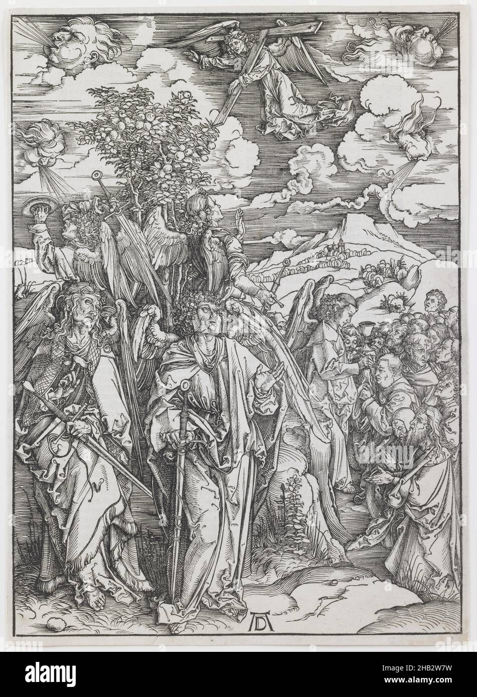 The Four Angels staying the Winds, from 'The Apocalypse', Albrecht Dürer, Deutsch, 1471–1528, c.1497–98, Holzschnitt, Made in Germany, Europe, Drucke, Bild (unregelmäßig): 15 1/2 x 11 3/16 Zoll (39,4 x 28,4 cm Stockfoto