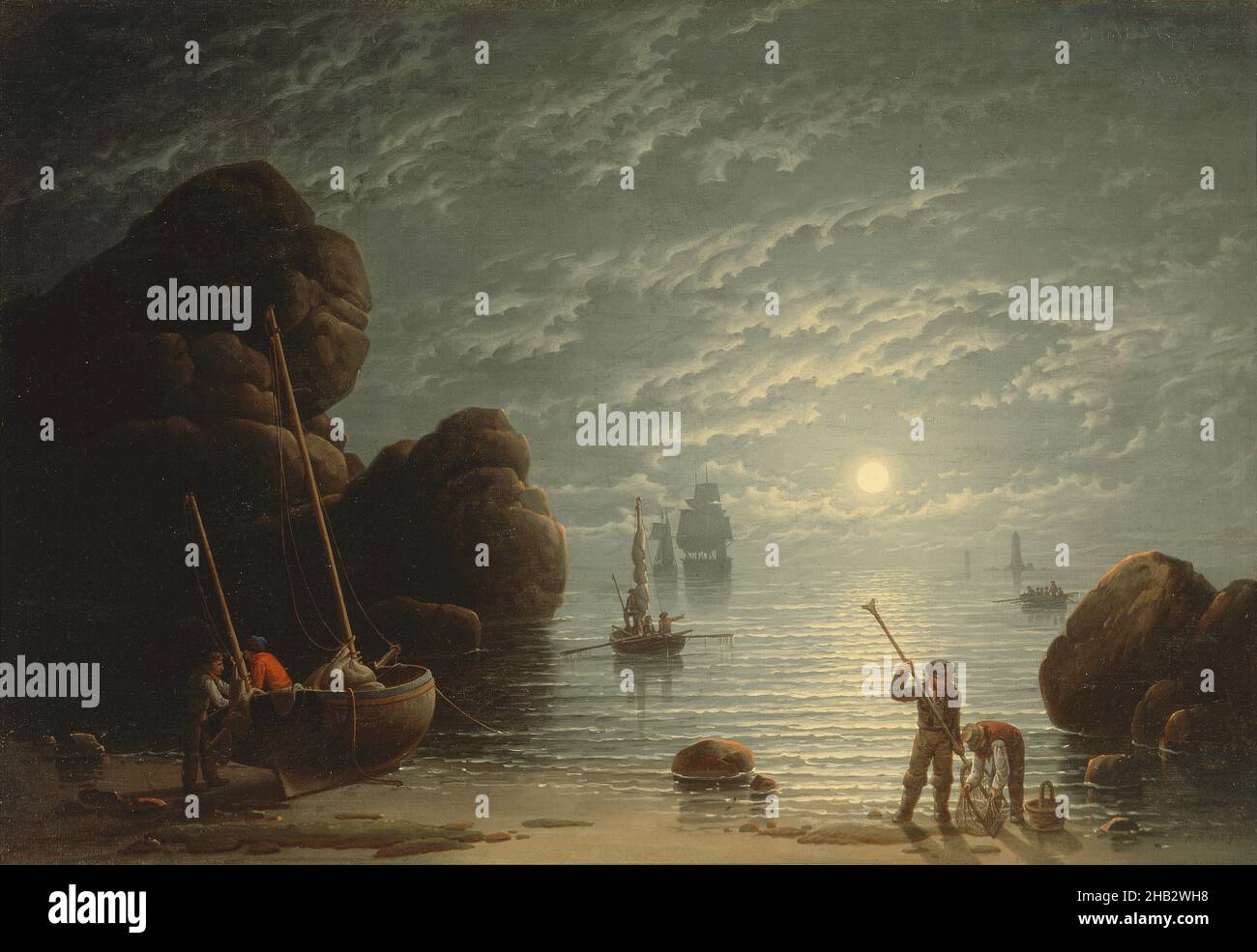 Moonlight Coastal Scene, Robert Salmon, Amerikaner (geb. England), 1775–nach 1845, 1836, Öl auf Tafel, hergestellt in Boston, Massachusetts, USA, Nord- und Mittelamerika, Gemälde, 16 5/8 x 24 1/4 Zoll (42,2 x 61,6 cm Stockfoto