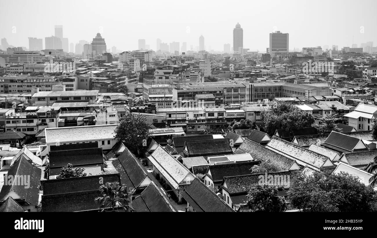 Bangkok City, Thailand. Schwarz-Weiß-Panorama-Stadtlandschaft Stockfoto