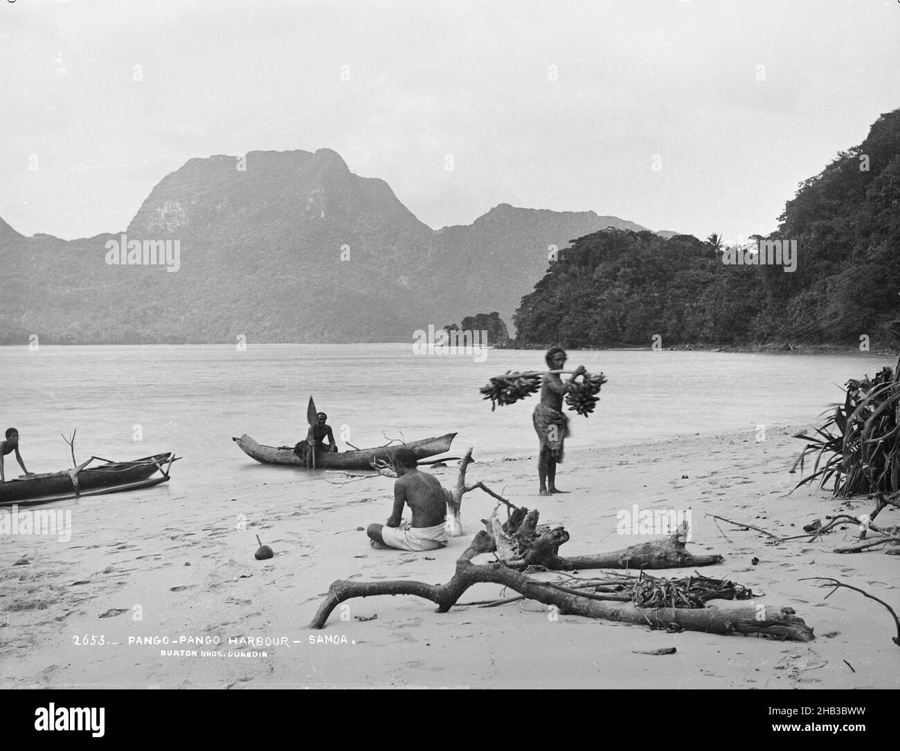 Pango-Pango (sic) Harbour, Samoa, Burton Brothers Studio, Fotostudio, Juli 1884, Dunedin, Schwarz-Weiß-Fotografie, Strand, im Vordergrund Treibholz und rechts ein Padanus-Baum sichtbar. Mann, der Bananen trägt, und Mann (mit umgedrehten Rücken), der am Strand mit gekreuzten Beinen sitzt, in der Mitte Mann, der im Stützpunkt sitzt, nach rechts ein Stützpunkt, während der Mann zum Ufer schiebt. Hohe Berge im Hintergrund Stockfoto