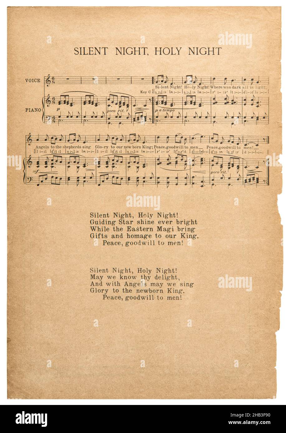Altes Musikstück von Stille Nacht, beliebtes Weihnachtslied. Verwendeter Papierhintergrund Stockfoto