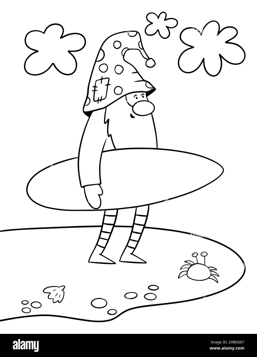 Australischer Weihnachtsknome mit Surfbrett. Weihnachten Malvorlagen. Stockfoto