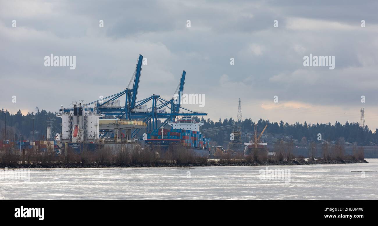 Industriehafen mit Containern, Tiefwasserhafen mit Kranen für Containerschiffe in Surrey BC. Stockfoto