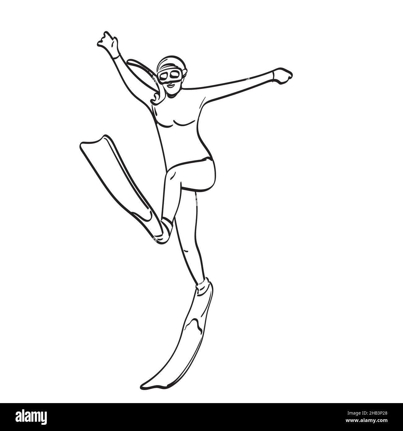Frau im Badeanzug springen mit Flossen Illustration Vektor Hand gezeichnet isoliert auf weißem Hintergrund Linie Kunst Stock Vektor