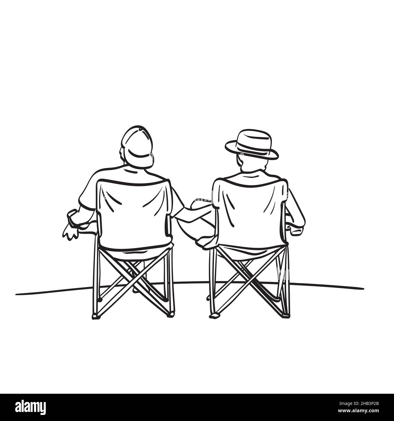 Rückansicht eines Paares auf einem Liegestuhl entspannende Illustration Vektor Hand gezeichnet isoliert auf weißem Hintergrund Linie Kunst Stock Vektor