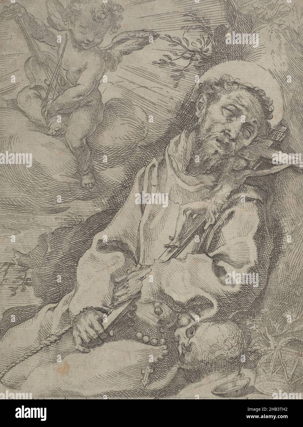 Franziskus getröstet von einem musikalischen Engel, Francesco Vanni, Künstler, um 1595, Radierung, Francesco Vanni (1563-1610) war ein italienischer Maler des manieristischen Stils, der in Rom und seiner Heimatstadt Siena tätig war. Er gehörte zu einer Malerfamilie, darunter sein Halbbruder Ventura Salimbeni und Stiefvater Arcangelo Salimbeni. Sein Stiefvater starb, als Francesco noch jung war, und als 16-Jähriger ging er zunächst nach Bologna, dann nach Rom. Dort lernte er von 1579 bis 80 bei Giovanni de' Vecchi, obwohl er wie andere toskanische Maler seiner Zeit zum Teil von Federico Barocci aus Urbino beeinflusst wurde Stockfoto