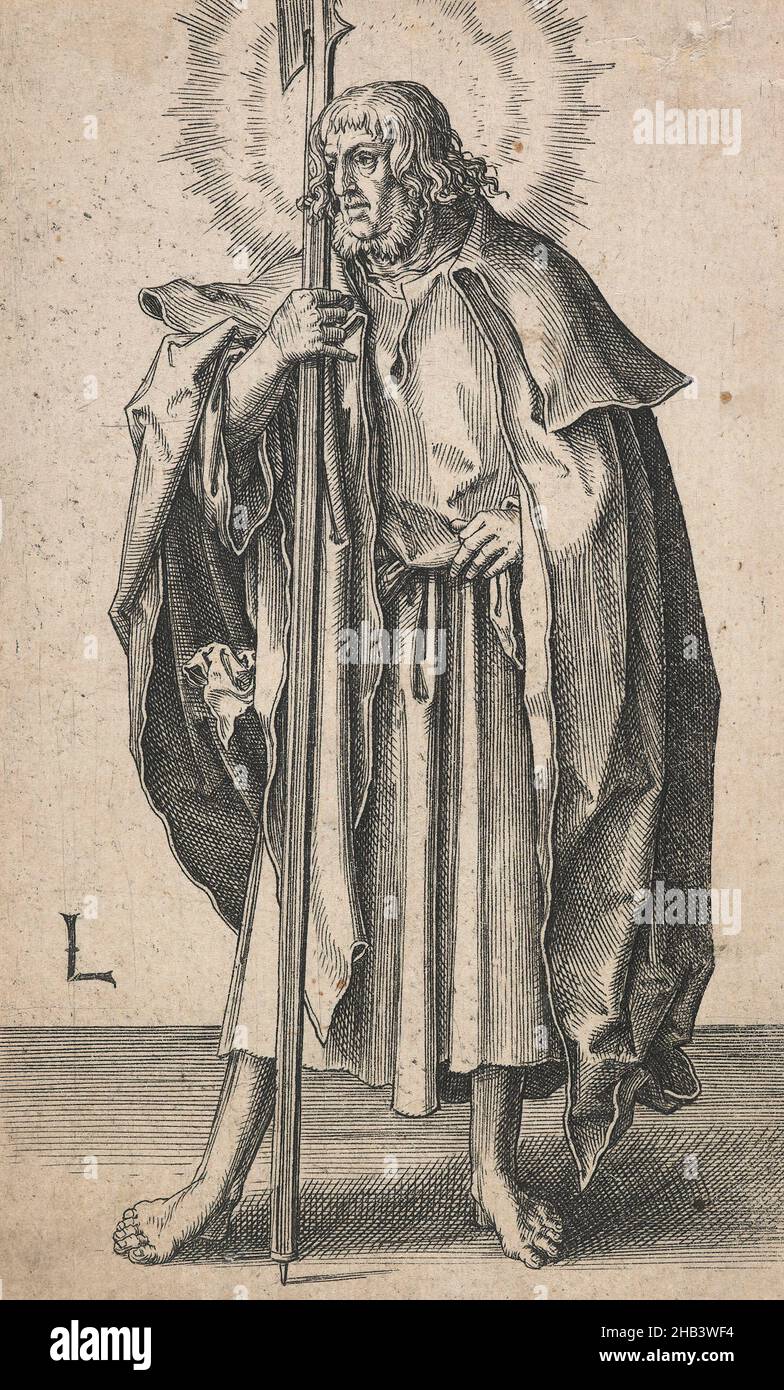Matthäus, aus der Serie: Christ, Paul and the Twelve Apostles, Lucas van Leyden, Künstler, um 1510, Niederlande, Gravur, geboren in Leiden, war Lucas van Leyden der erste niederländische Kupferstecher, der zu Lebzeiten große Anerkennung erbrachte. Er fertigte etwa 200 Drucke an, meist Stiche, aber auch Holzschnitte und einige Radierungen. 1521 lernte er Albrecht Dürer während des einjährigen Besuchs des deutschen Künstlers in den Niederlanden kennen, und Dürer zeichnete Lucas' Porträts und kaufte einen Satz seiner Drucke. Stockfoto
