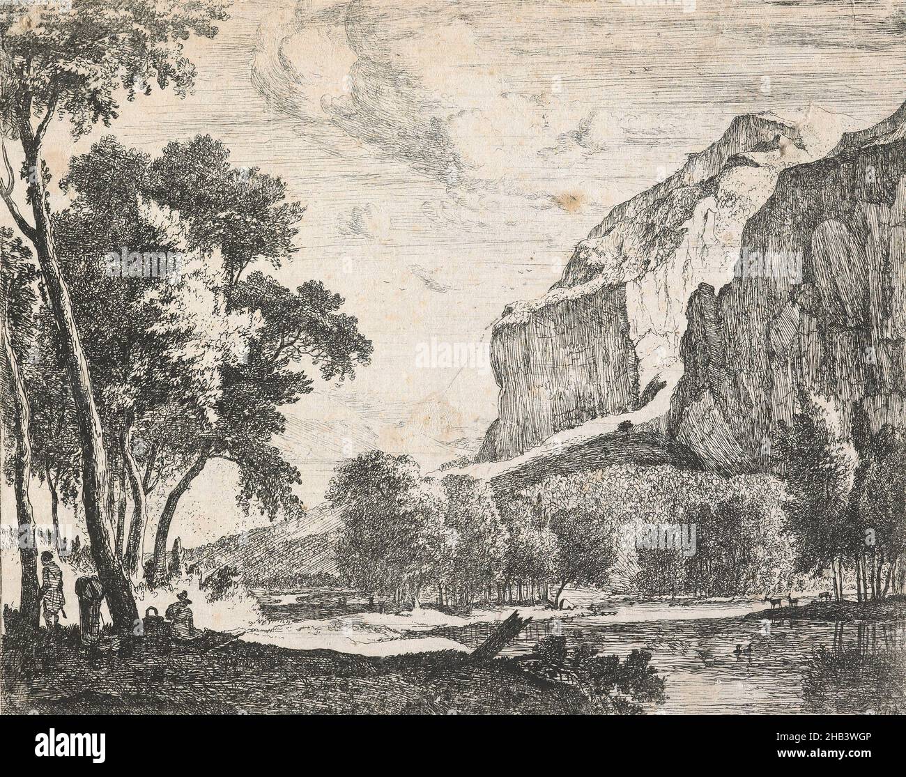 Acht Tiroler Landschaften. Platte 3. Flusslandschaft mit Felsen auf der rechten Seite., Roeland Roghman, Künstler, c. 1654-1655, Deutschland, Radierung, Roelant Roghman (1627-1692) wurde in Amsterdam als Sohn des Kupferstechers Henrick Lambertsz Roghman und Maria Jacobs Savery geboren. Er wurde Schüler seines Namensvetters und Großonkels Roelant Savery. Roghman soll nur ein Auge gehabt haben, und er malte grob und bereit, vielleicht eine Folge seines Sehvermögens Stockfoto