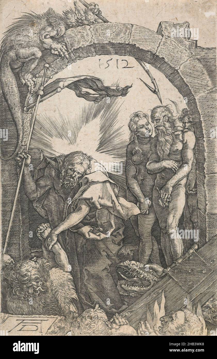 Die Hölle erschütternd. (Rückkopie nach Albrecht Dürers 'Engraving of Hell' aus 'The Graved Passion'.), Unbekannt, Kupferstecher (Grafiker), nach 1512, Gravur, Die gravierte Passion (1507-1512) war eine von vier großen Serien religiöser Drucke von Albrecht Dürer und trug dazu bei, seinen Ruf als herausragender Grafiker der Renaissance zu festigen. Die anderen waren die Holzschnitt-Serien von das Leben der Jungfrau, die große Passion und die kleine Passion, die alle 1511 veröffentlicht wurden. Die gravierte Passion besteht aus fünfzehn kleinen Stichen und erzählt die Geschichte des Verrats Christi durch Judas Stockfoto