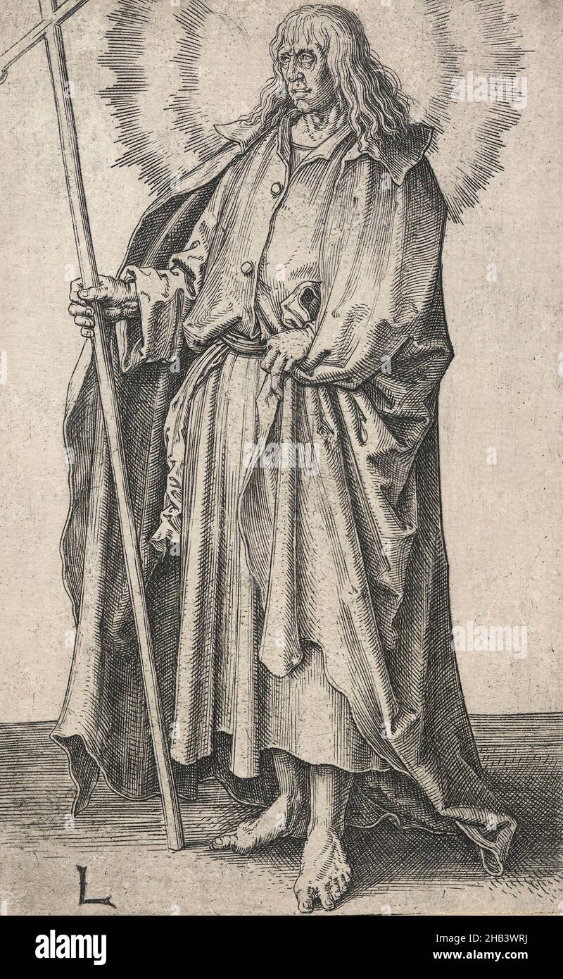 St. Philip, aus der Serie: Christ, Paul and the Twelve Apostles, Lucas van Leyden, Künstler, um 1510, Niederlande, Gravur, geboren in Leiden, war Lucas van Leyden der erste niederländische Kupferstecher, der zu Lebzeiten große Anerkennung erbrachte. Er fertigte etwa 200 Drucke an, meist Stiche, aber auch Holzschnitte und einige Radierungen. 1521 lernte er Albrecht Dürer während des einjährigen Besuchs des deutschen Künstlers in den Niederlanden kennen, und Dürer zeichnete Lucas' Porträts und kaufte einen Satz seiner Drucke. Stockfoto