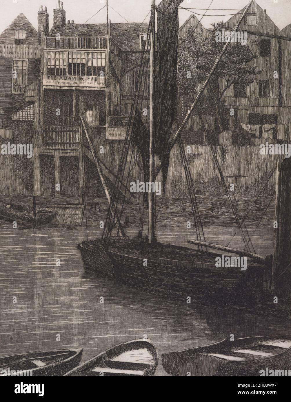 The Adam and Eve Inn, Chelsea, Edwin Edwards, Künstler, 1872, Edwin Edwards wurde 1823 in Framlingham, Suffolk, als Sohn eines Norfolk-Tintenfachs geboren. Bis 1861 war er als Rechtsanwalt ausgebildet und bekleidete das Amt des königlichen Proktors und Prüfers der Zivilgerichtshöfe und des Obersten Gerichts für Admiralik, als er sich im Alter von 38 Jahren aus dem Beruf zurückzog und sich der Kunst widmete Stockfoto