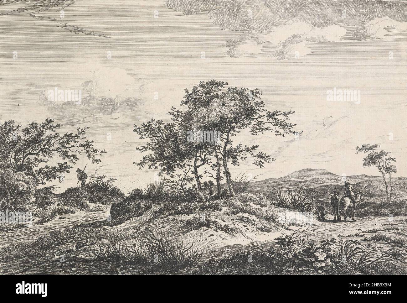 Kein Titel. (Landschaft mit Mann auf Pferd, mit Mann neben dem Pferd stehend.), Harmanus Fock, Künstler, 1781-1822, Niederlande, Radierung, Hermanus Fock (1766-1822) war ein gebürtiger Amsterdamer, wurde aber zu einem der führenden Lichter in einer Haarlem Schule von Landschaftskünstlern, die um 1800 am aktivsten war. Diese Künstler ließen sich von ihren Vorgängern aus dem 17th. Jahrhundert inspirieren, insbesondere von Jacob van Ruisdael und Meindert Hobbema, aber auch, wie diese Künstler, von der tatsächlichen Landschaft in der unmittelbaren Umgebung von Haarlem. Stockfoto