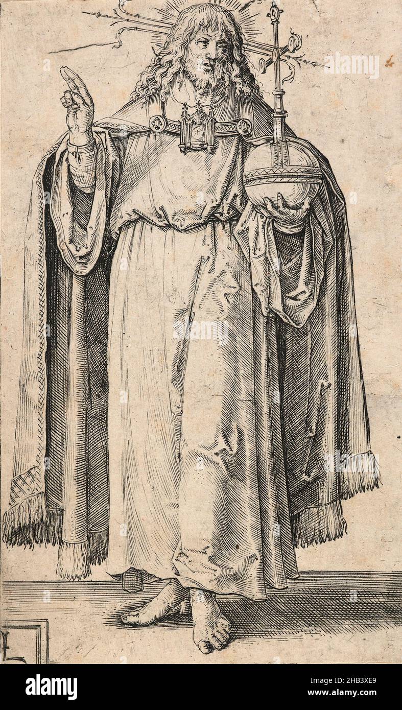 Christus, aus der Serie: Christ, Paul and the Twelve Apostles, Lucas van Leyden, Künstler, um 1510, Niederlande, Gravur, geboren in Leiden, war Lucas van Leyden der erste niederländische Kupferstecher, der zu Lebzeiten große Anerkennung erbrachte. Er fertigte etwa 200 Drucke an, meist Stiche, aber auch Holzschnitte und einige Radierungen. 1521 lernte er Albrecht Dürer während des einjährigen Besuchs des deutschen Künstlers in den Niederlanden kennen, und Dürer zeichnete Lucas' Porträts und kaufte einen Satz seiner Drucke. Es ist wahrscheinlich, dass van Leyden gleichzeitig einige von Lucas' Grafiken erwarb, da sein Einfluss in Lucas' Werk offensichtlich ist Stockfoto