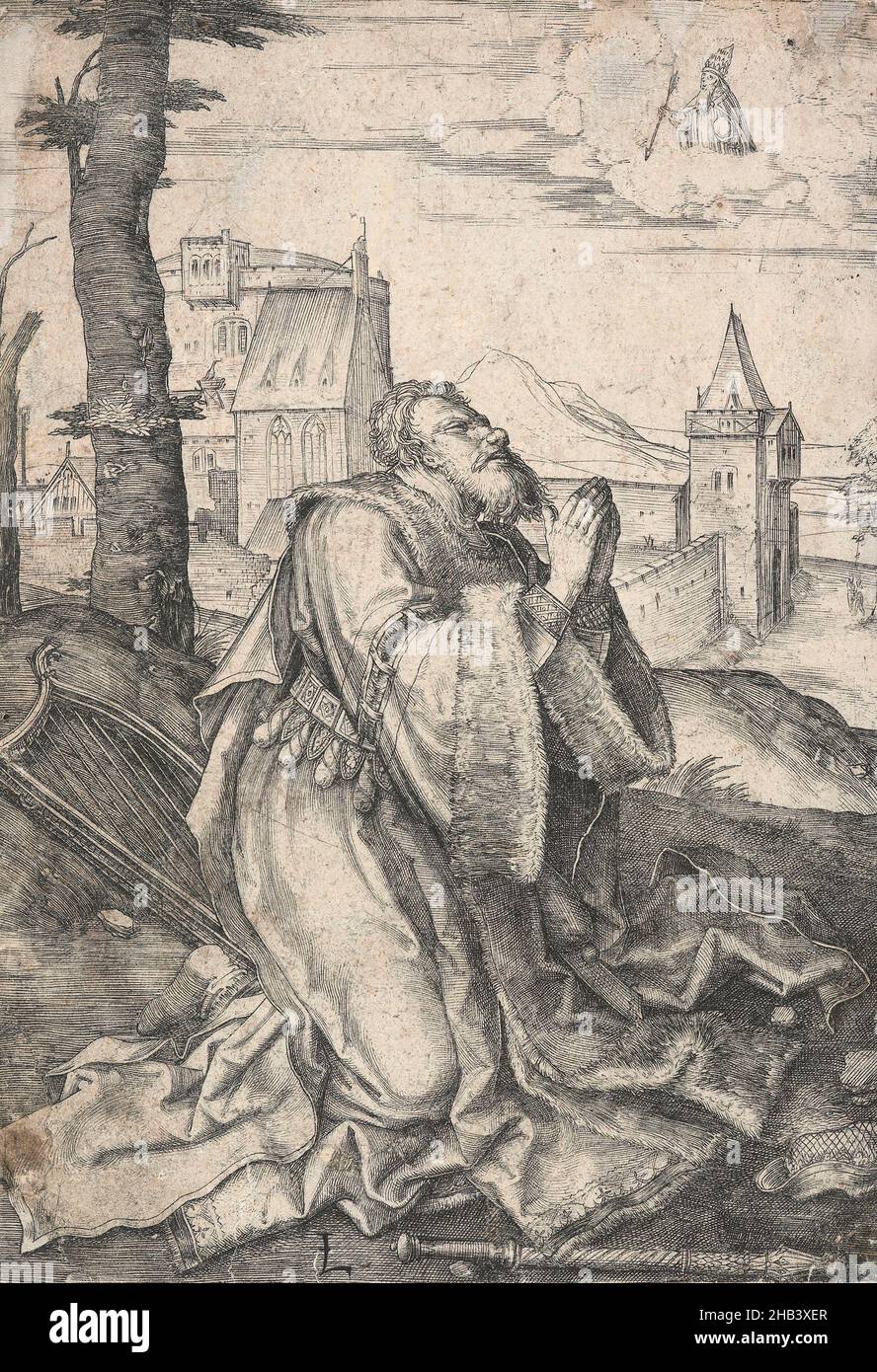 David Praying, Lucas van Leyden, Künstler, um 1507, Niederlande, Gravur, geboren in Leiden, war Lucas van Leyden der erste niederländische Kupferstecher, der zu Lebzeiten große Anerkennung erbrachte. Er fertigte etwa 200 Drucke an, meist Stiche, aber auch Holzschnitte und einige Radierungen. 1521 lernte er Albrecht Dürer während des einjährigen Besuchs des deutschen Künstlers in den Niederlanden kennen, Dürer zeichnete van Leydens Porträts und kaufte eine Reihe seiner Drucke. Es ist wahrscheinlich, dass van Leyden gleichzeitig einige Drucke von Dürer erwarb, da sein Einfluss in van Leydens Werk Anfang 1520s deutlich wird Stockfoto