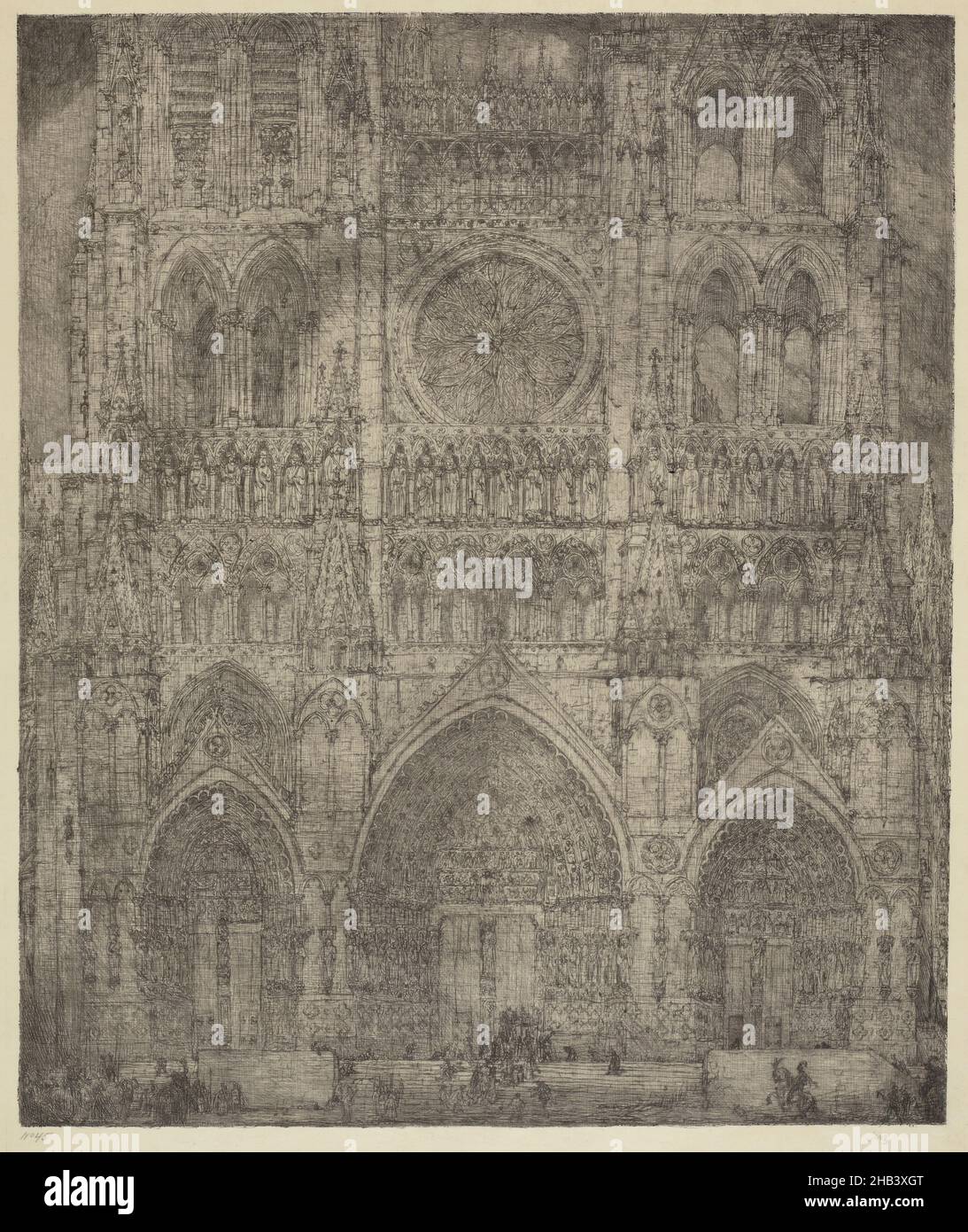 Kathedrale von Amiens, Marius Bauer, um 1890-91, Radierung, die jüngste Wiederbelebung des Interesses am Orientalismus hat zur Wiederentdeckung des technisch herausragenden, aber ungerechtfertigt ausgeweiteten niederländischen Malers und Grafikers Marius Bauer (1867-1932) geführt. Bauer war ein überlegter Reisender, der unter anderem nach Indien, Indonesien, der Türkei, Palästina und Marokko reiste. 1888 erhielt er die Gelegenheit, seine erste Reise nach Osten, nach Istanbul (damals Konstantinopel), durch den Kunsthändler E.J. van Wisselingh zu Unternehmen. Er kehrte mit mehr als 100 Zeichnungen und mehreren vollständigen Skizzenbüchern zurück. Stockfoto
