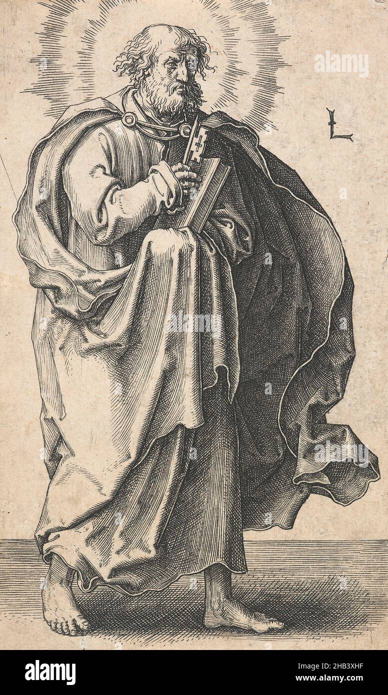 St. Peter, aus der Serie: Christ, Paul and the Twelve Apostles, Lucas van Leyden, Künstler, um 1510, Niederlande, Gravur, geboren in Leiden, war Lucas van Leyden der erste niederländische Kupferstecher, der zu Lebzeiten große Anerkennung erbrachte. Er fertigte etwa 200 Drucke an, meist Stiche, aber auch Holzschnitte und einige Radierungen. 1521 lernte er Albrecht Dürer während des einjährigen Besuchs des deutschen Künstlers in den Niederlanden kennen, und Dürer zeichnete Lucas' Porträts und kaufte einen Satz seiner Drucke. Es ist wahrscheinlich, dass Lucas gleichzeitig einige von Dürers Grafiken erwarb Stockfoto