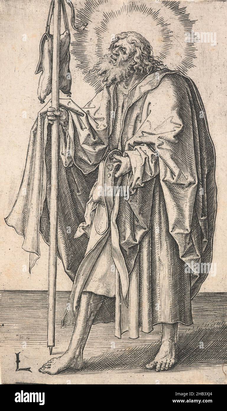 St. James der größere, aus der Serie: Christ, Paul and the Twelve Apostles, Lucas van Leyden, Künstler, um 1510, Niederlande, Gravur, geboren in Leiden, war Lucas van Leyden der erste niederländische Kupferstecher, der zu Lebzeiten große Anerkennung erbrachte. Er fertigte etwa 200 Drucke an, meist Stiche, aber auch Holzschnitte und einige Radierungen. 1521 lernte er Albrecht Dürer während des einjährigen Besuchs des deutschen Künstlers in den Niederlanden kennen, und Dürer zeichnete Lucas' Porträts und kaufte einen Satz seiner Drucke. Es ist wahrscheinlich, dass Lucas gleichzeitig einige von Dürers Grafiken erwarb Stockfoto