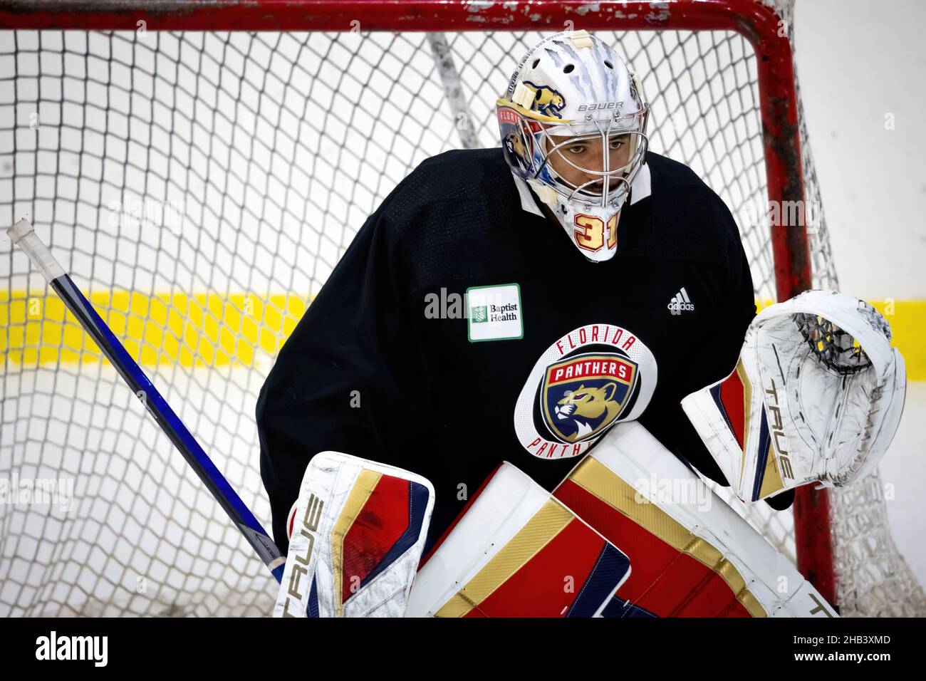 Coral Springs, Usa. 03rd Oktober 2021. Florida Panthers Spieler Nr. 31 Christopher Gibson in Aktion gesehen während der morgendlichen Trainingseinheit für die NHL reguläre Saison 2021-2022. Kredit: SOPA Images Limited/Alamy Live Nachrichten Stockfoto