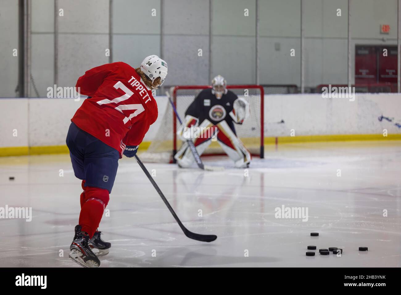 Coral Springs, Usa. 03rd Oktober 2021. Florida Panthers Spieler Nr. 74 Owen Tippett in Aktion gesehen während der morgendlichen Trainingseinheit für die NHL reguläre Saison 2021-2022. (Foto von Yaroslav Sabitov/SOPA Images/Sipa USA) Quelle: SIPA USA/Alamy Live News Stockfoto