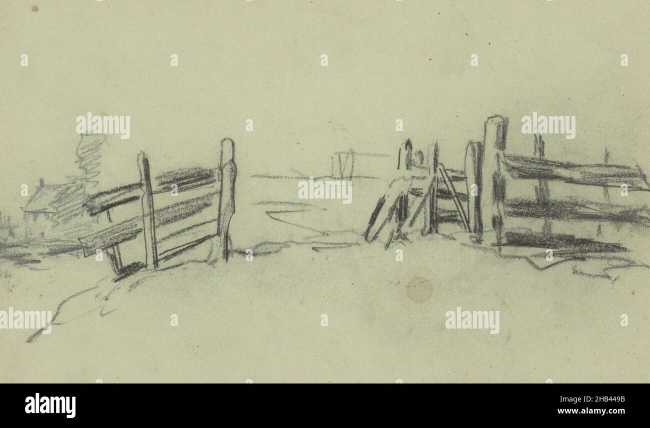 Gebäude in der Ferne. Blatt 26 rückseitig und Blatt 27 recto aus einem Skizzenbuch mit 38 Blättern, gemeint während der Expedition nach Nova Zembla im Jahr 1880, Abbildungen auf einer Pontonbrücke und einem offenen Zaun., Louis Apol, 1880 Stockfoto