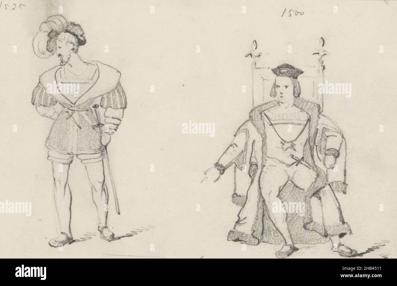 Seite 24 Rekto aus einem Skizzenbuch mit 60 Seiten, zwei Männer in historischer Tracht aus der Zeit 1500-1525, Willem Hendrik Schmidt, 1819 - 1849 Stockfoto