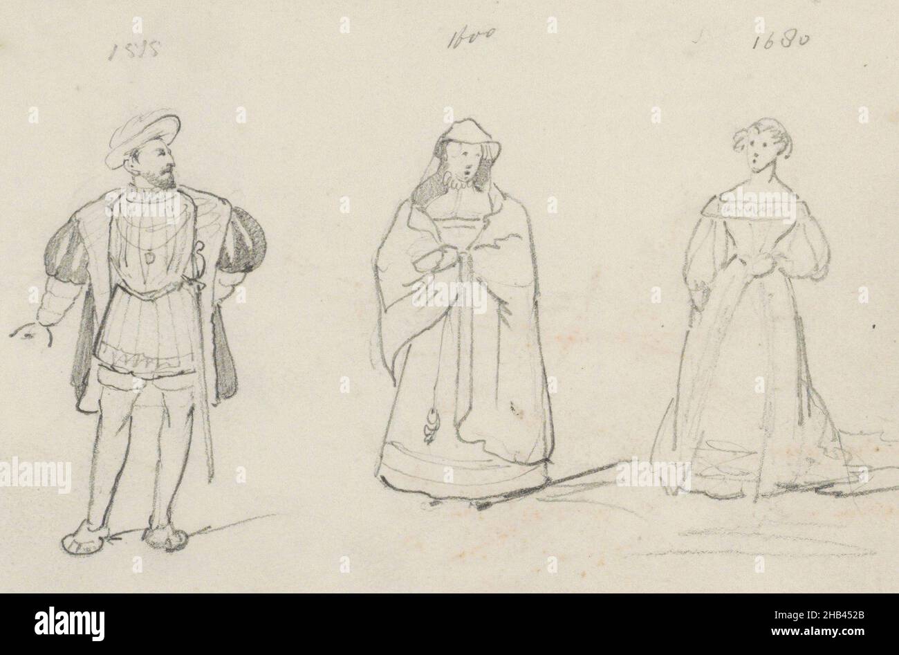 Seite 31 Rekto aus einem Skizzenbuch mit 60 Seiten, Mann und zwei Frauen in historischer Tracht aus der Zeit 1515-1680., Willem Hendrik Schmidt, 1819 - 1849 Stockfoto