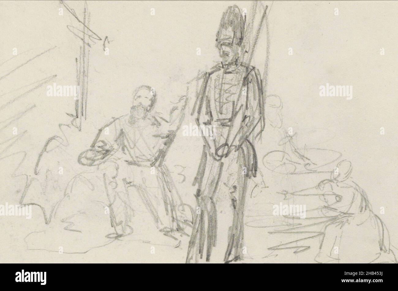 Vermutlich trägt der Soldat ein Banner. Im Hintergrund ein Kreuz. Blatt 53 recto aus einem Skizzenbuch mit 60 Seiten, kniende Figuren eines Soldaten., Willem Hendrik Schmidt, 1819 - 1849 Stockfoto