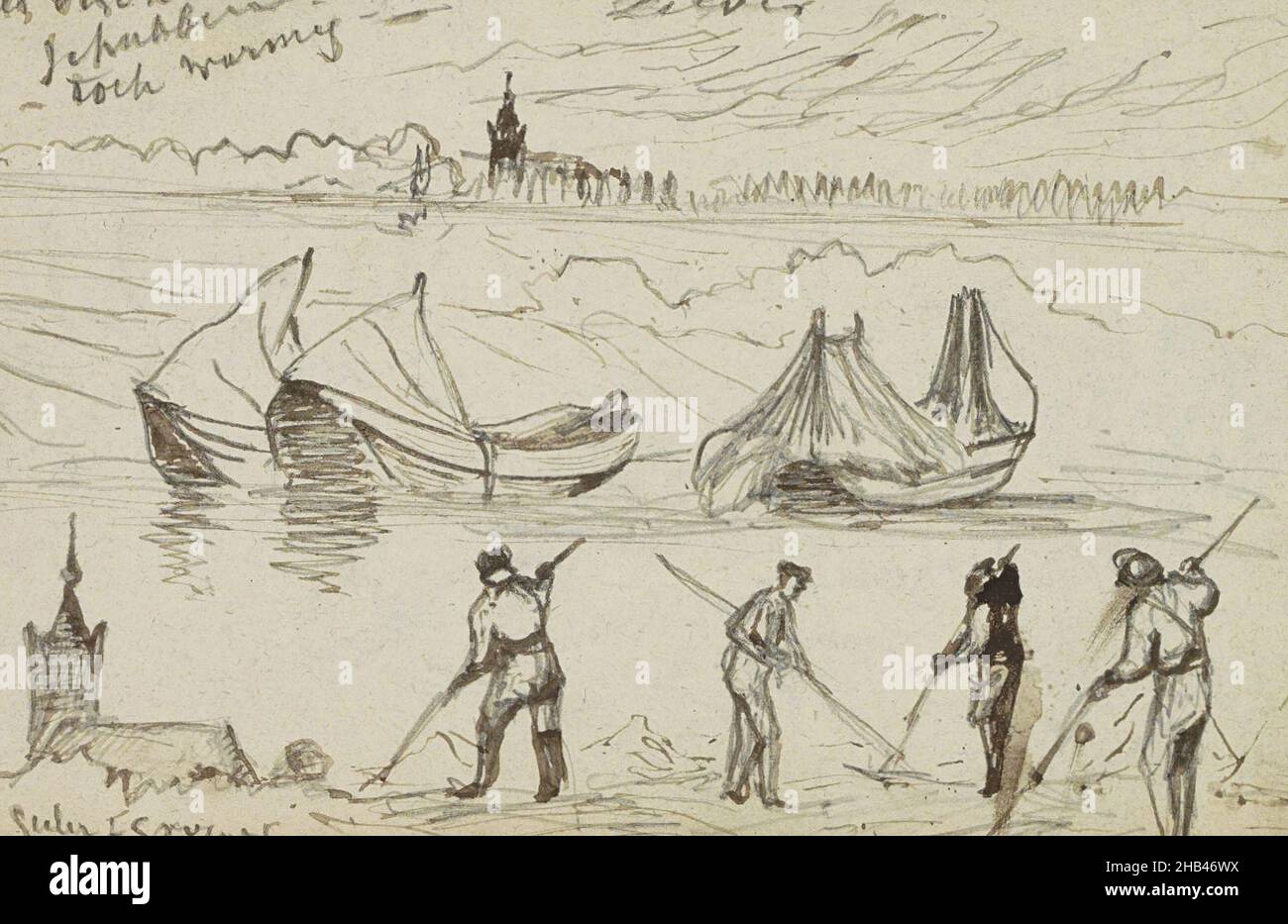 Blatt 76 Recto aus einem Skizzenbuch mit 88 Blättern, Landschaft mit Kirchturm, Ruderboote und Heumäher, Johannes Tavenraat, 1854 - 1868 Stockfoto