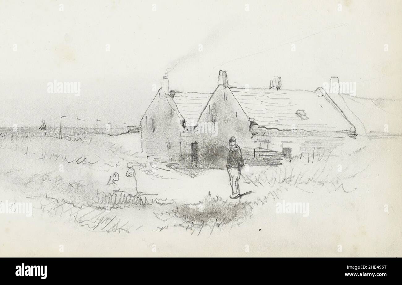 Im Hintergrund sieht man Flaggen von Schiffsmasten und das Meer. Blatt 3 recto aus einem Skizzenbuch mit 39 Blättern, Abbildung bei einem Haus in den Dünen, Johannes Bosboom, c. 1873 Stockfoto