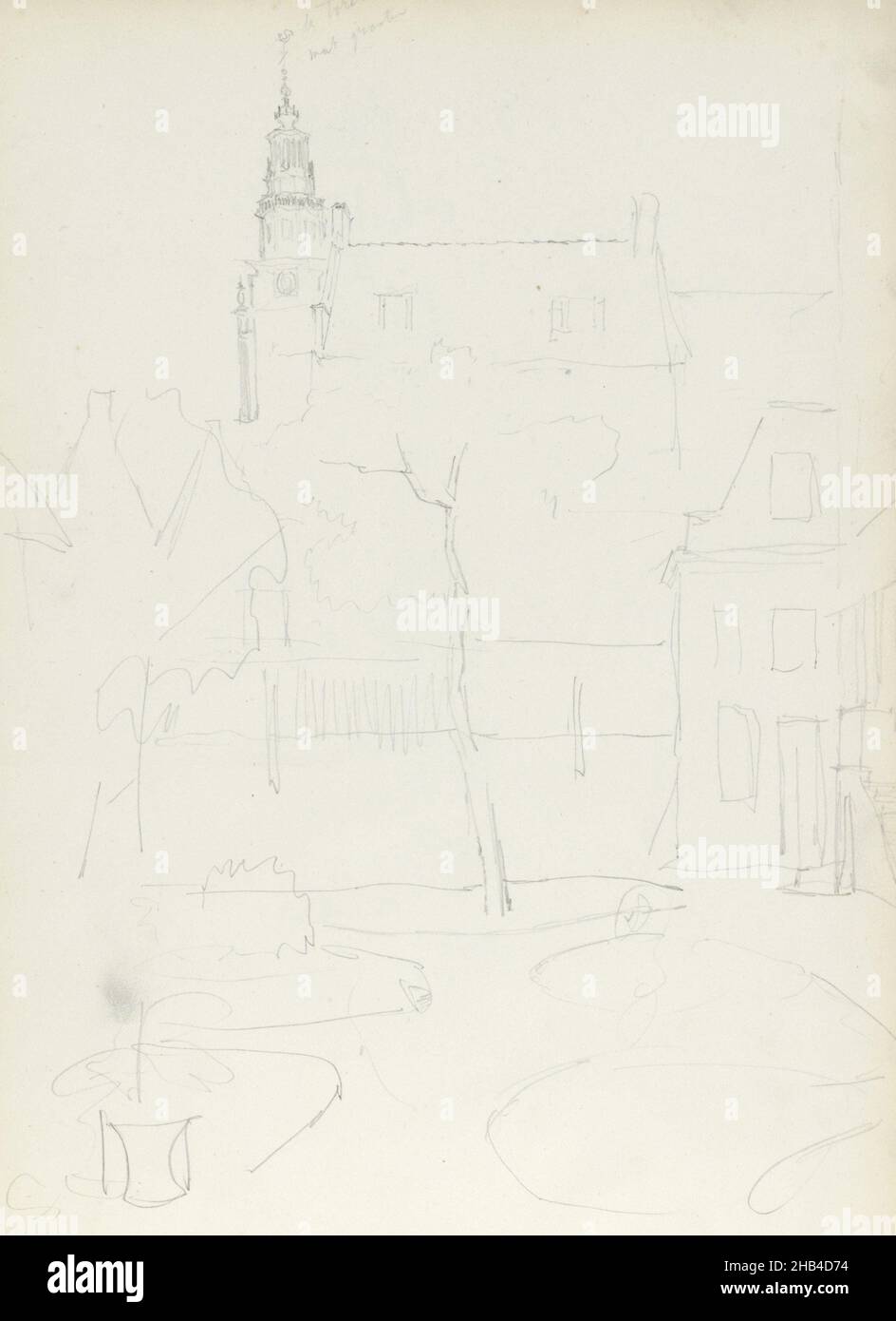 Blatt 13 Recto aus einem Skizzenbuch mit 45 Seiten, Stadtbild mit Turm, Reinier Craeyvanger, 1822 - 1880 Stockfoto