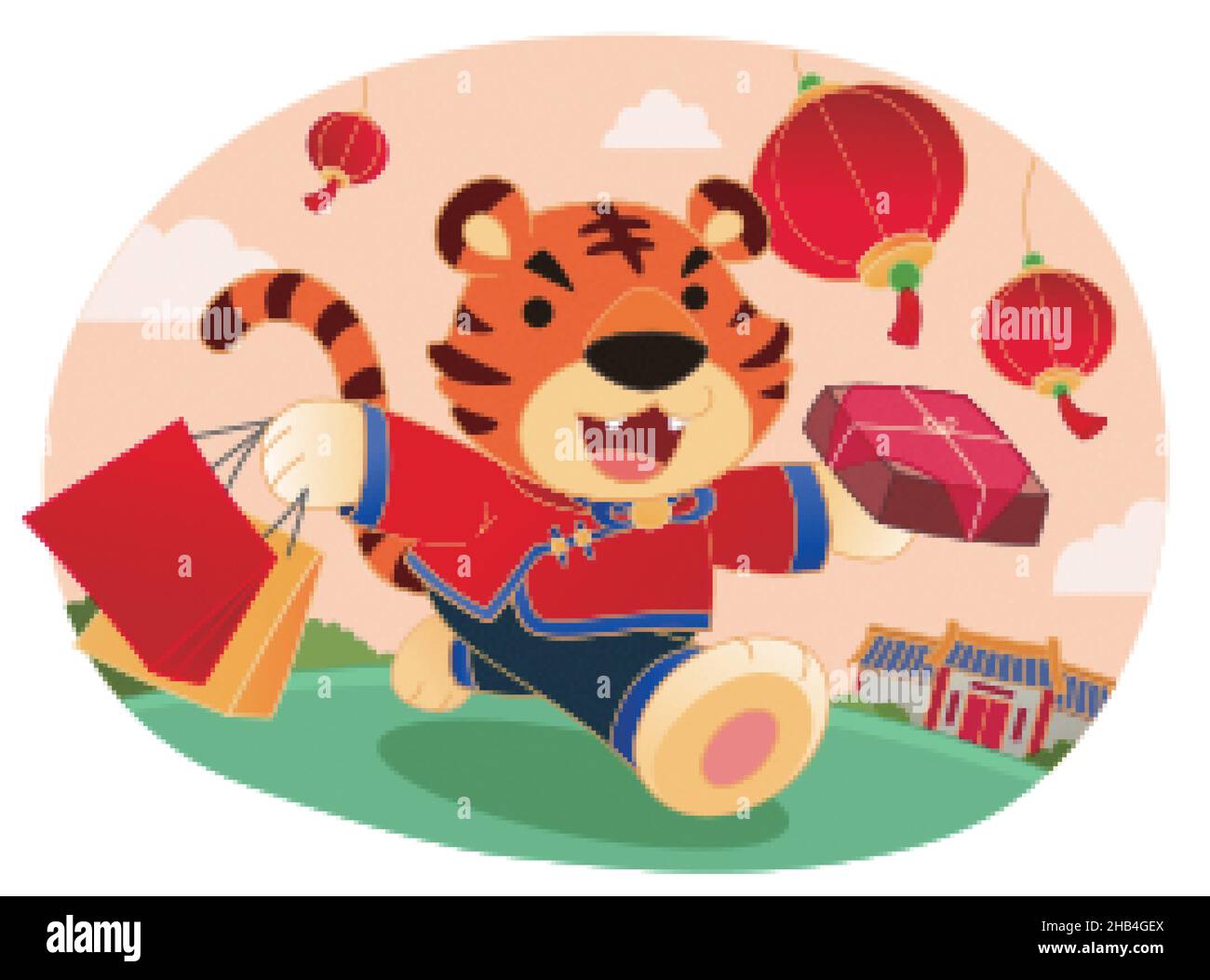 Niedlicher Tiger in traditioneller chinesischer Tracht, der im Freien läuft, mit Geschenken und Einkaufstaschen und Laternen, die am Himmel fliegen. Flaches Illustrationsdesign, c Stock Vektor