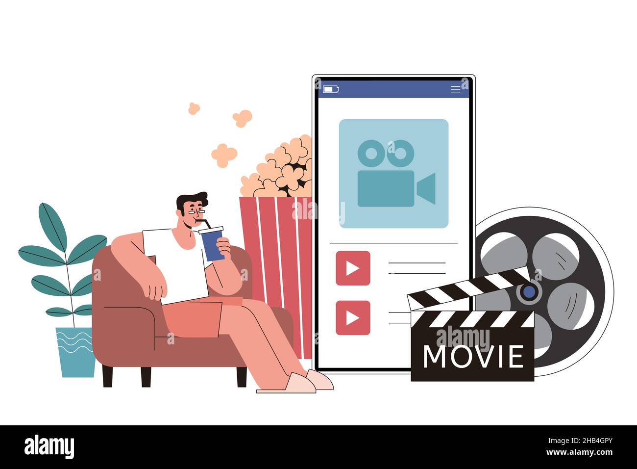 Online-Filme auf dem Telefon in flacher Darstellung ansehen. Mann, der sich auf einem Sessel entspannt und Filme über sein Mobiltelefon anschaut, als wäre er es tatsächlich Stock Vektor