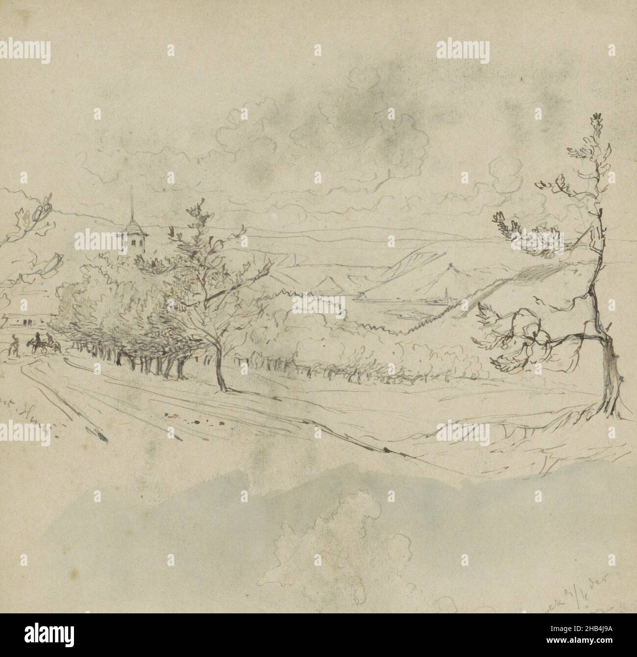 Blatt 21 rückseitig aus einem Skizzenbuch mit 57 Blättern, Berglandschaft mit Figuren auf einer Landstraße und einem Wolkenhimmel über Baumkronen., Johannes Tavenraat, 1861 Stockfoto