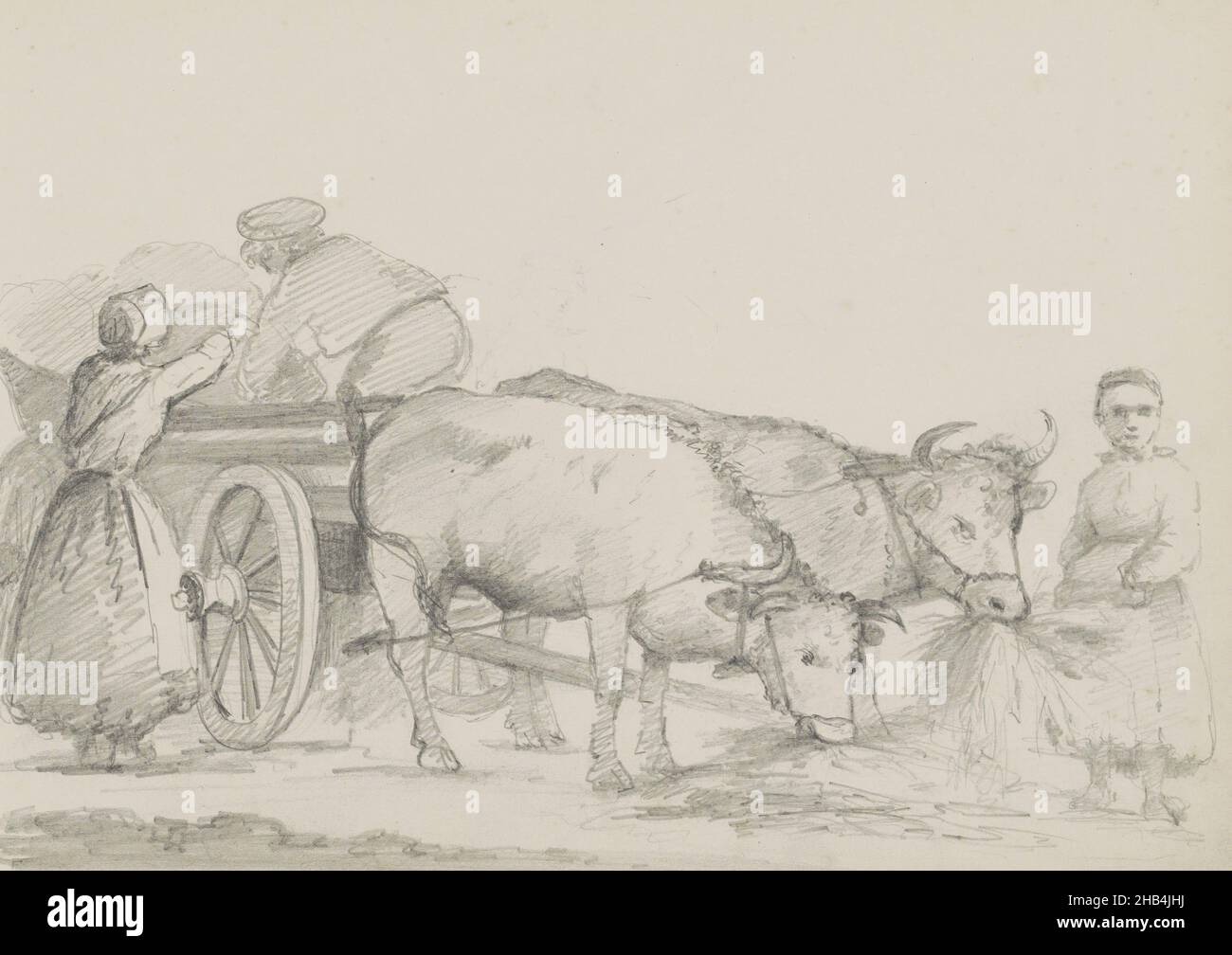 Ein Mädchen füttert die beiden Ochsen, während ein Mann und eine Frau etwas in den Wagen oder aus dem Wagen laden. Blatt 15 Rekto aus einem Skizzenbuch mit 77 Blättern, drei Figuren an einem Ochsenwagen, Hendrik Valkenburg, 1859 - 1864 Stockfoto
