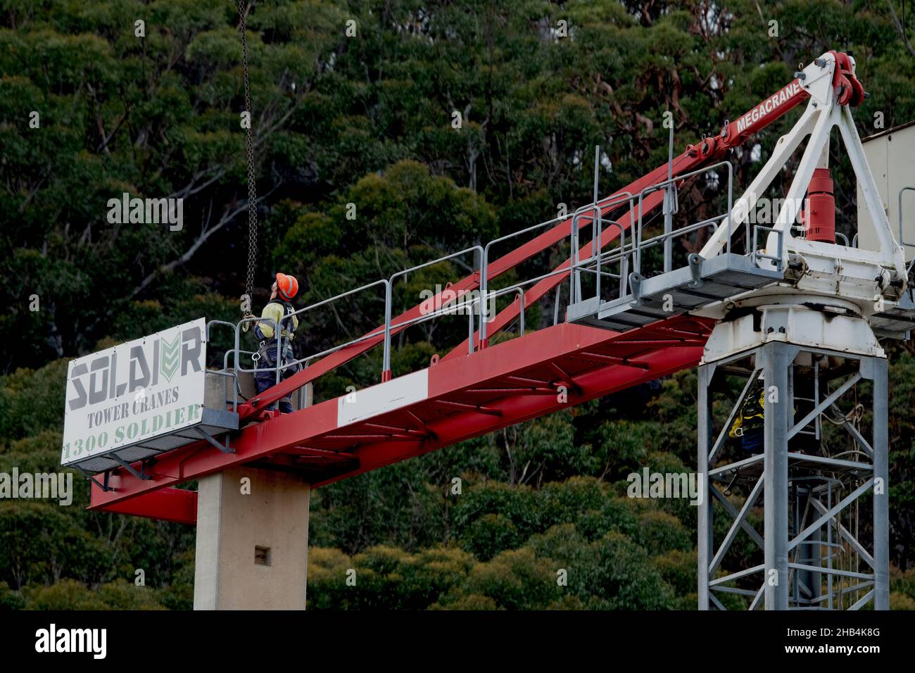 10:02 Uhr 7. Dezember 2021: Gosford, NSW, Australien. Arbeiter beim Zerlegen des Turmdrehkrans vor Ort (Entfernen der Gegengewichte) an der fertigen Socia Stockfoto