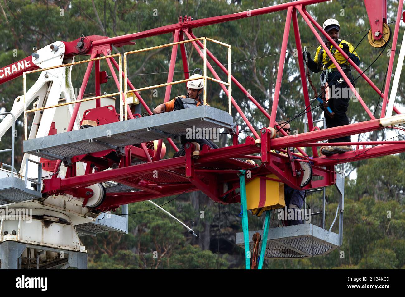 7:56:00 Uhr, 7. Dezember 2021: Gosford, NSW, Australien - Arbeiter demontieren den vor Ort arbeitenden Turmdrehkran (Abklemmen des Arbeitsschiebers) auf dem nun fertig Stockfoto