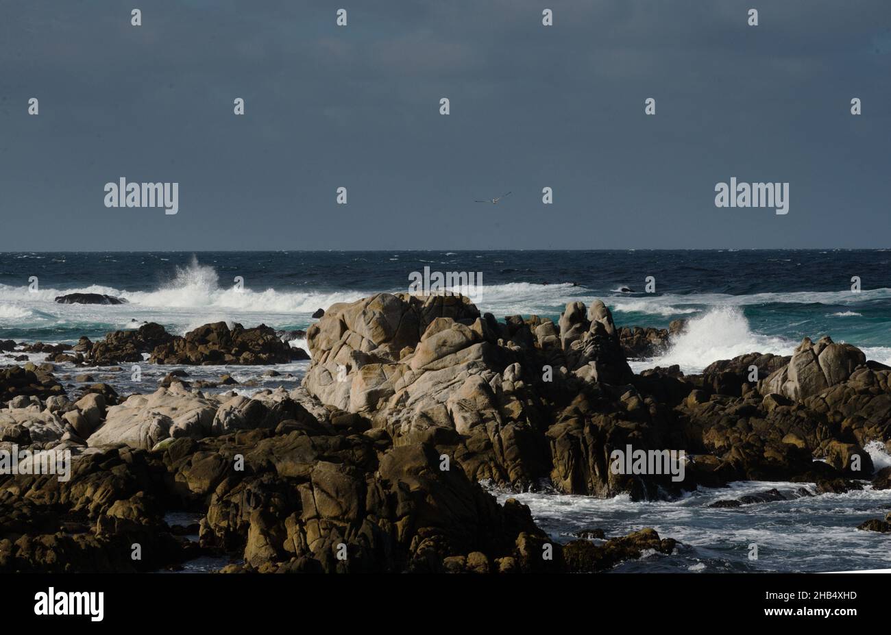 Felsige Küstenlandschaft mit Blick auf den pazifischen Ozean an klaren Tagen, mit Wasserbewegungen, die während der Wellen ins Wasser plätschern. Natürliche Ehrfurcht in Schönheit und Gelassenheit schaffen. Stockfoto