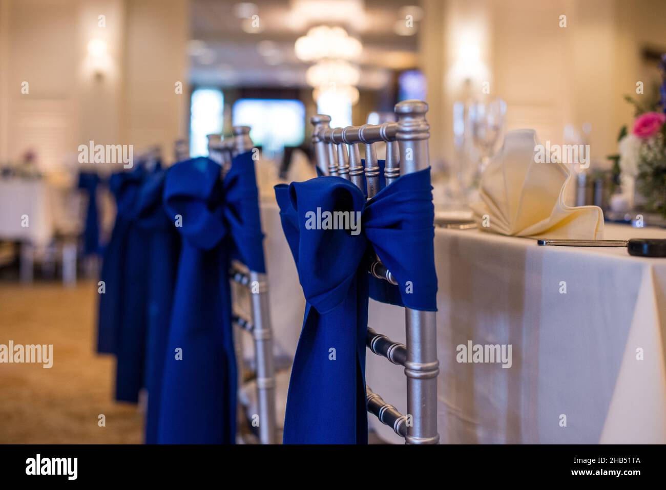Sliver chiavari-Stühle mit blauen Schleifen und Bändern bei Hochzeitsempfängen Stockfoto