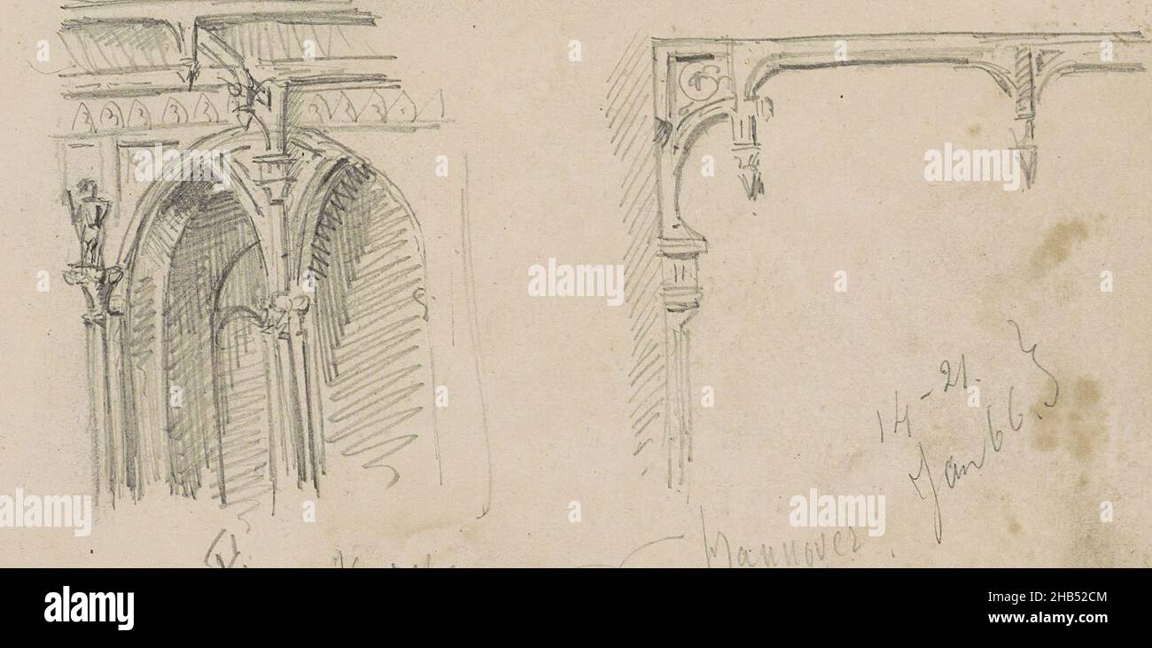 Blatt 1 Recto aus einem Skizzenbuch mit 67 Seiten, Außenansicht einer Kirche in Hannover., Isaac Goschalk, 1866 Stockfoto