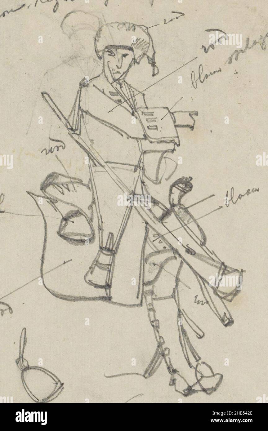 Das Fahrgestell trägt eine Uniform aus dem Jahr 1725. Blatt 6 rückseitig aus einem Skizzenbuch mit 16 Blättern, Dragonder im Sattel und zwei Köpfen., George Hendrik Breitner, 1880 - 1882 Stockfoto