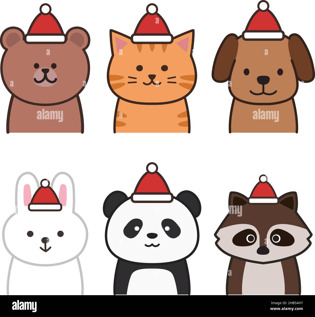 Set von verschiedenen Tieren trägt einen Weihnachtsmann Hut glücklich. Vektordarstellung isoliert auf weißem Hintergrund. Stock Vektor