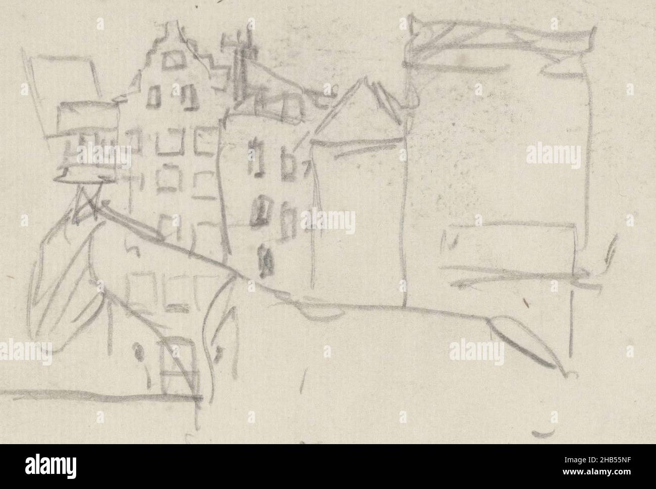 Nach Osten gesehen mit der Rückseite der Häuser an der Warmoesstraat. Rechts Warmoesstraat 34, Tea Warehouse Fast. In der Mitte der Eingang zum Guldehandsteeg. Seite 46 aus einem Skizzenbuch mit 32 Seiten, Pferd auf dem Damrak in Amsterdam., Zeichner: George Hendrik Breitner, Amsterdam, 1886 - c. 1891, George Hendrik Breitner, 1886 - c. 1891 Stockfoto