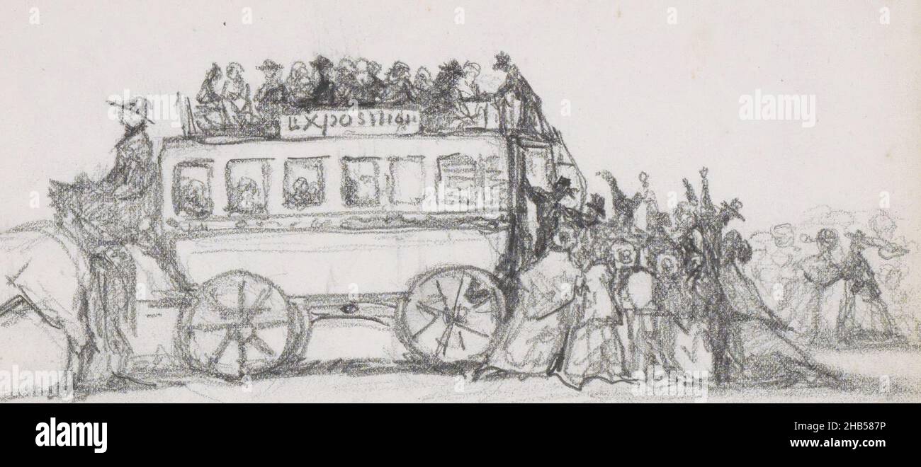 Es gibt Figuren in und auf der Straßenbahn und außerdem versuchen die Leute hinein zu kommen. Nach der Datierung des Skizzenbuches zu urteilen, handelt es sich wahrscheinlich um die Exposition universelle (d'Art et d'Industrie) von 1867. Blatt 36 rückseitig aus einem Skizzenbuch mit 40 Seiten, Pariser Pferdestraßenbahn mit der internationalen Ausstellung als Ziel., Zeichnerin: Maria Vos, Paris, Nov-1867, Maria Vos, 1867 Stockfoto