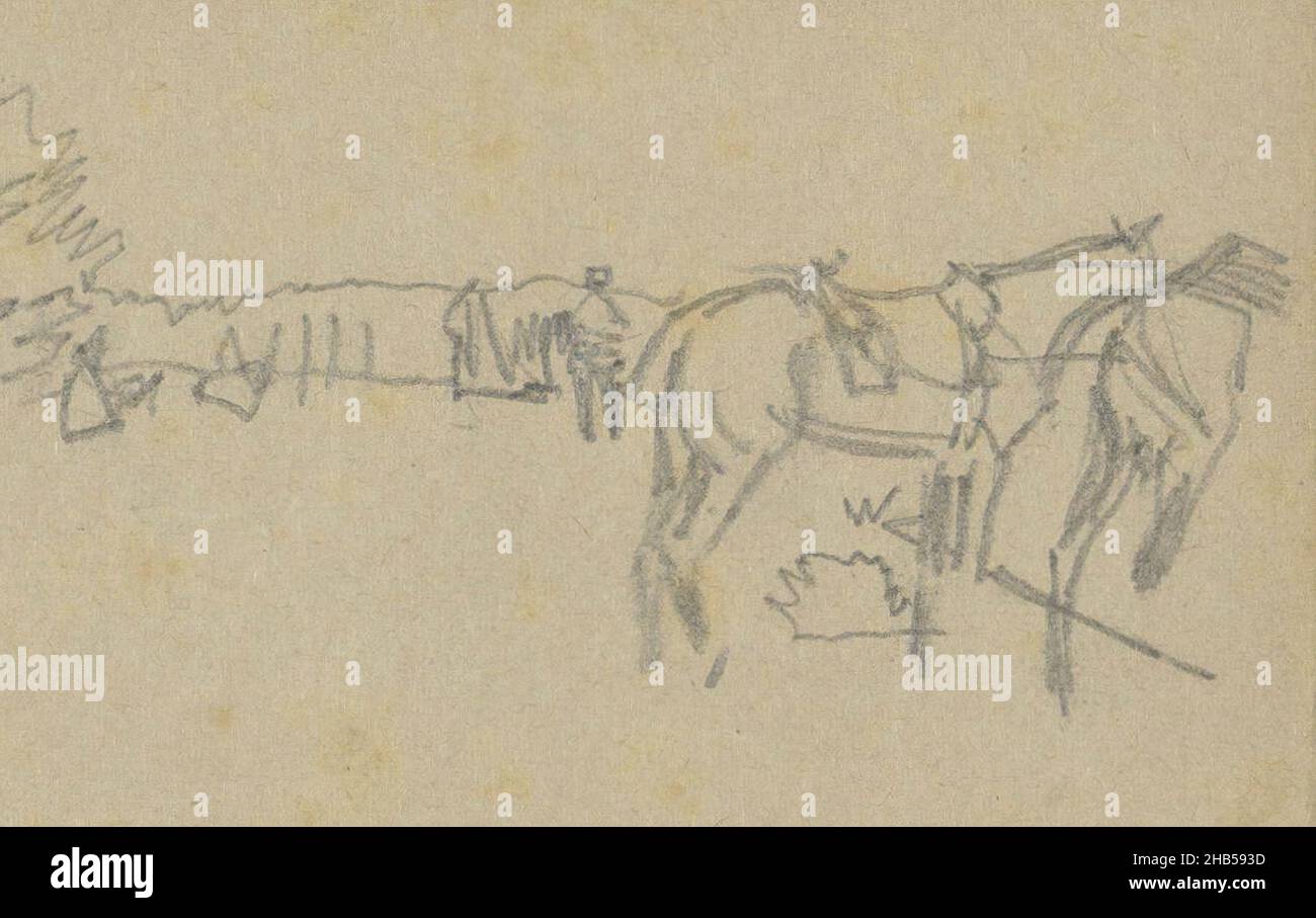 In der Ferne ein Soldat, möglicherweise ein Husar. Die Pferde ruhen wohl, zwei Pferde in einer Landschaft., George Hendrik Breitner, 1887 - 1891 Stockfoto