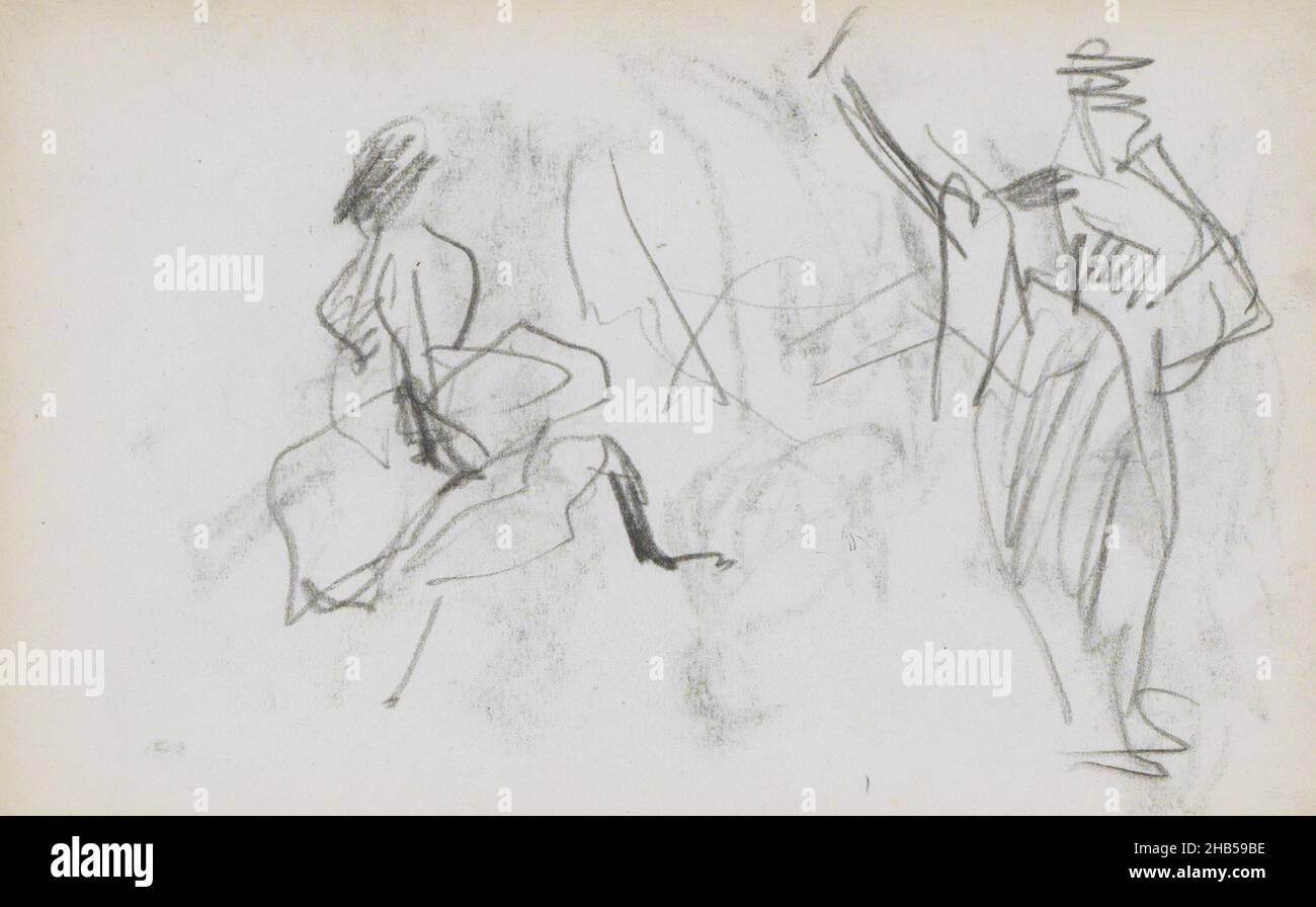 Die Frauen haben beide ein Bein in die Luft gelegt. Vermutlich tanzen sie den Cancan. Seite 32 aus einem Skizzenbuch mit 35 Blättern, Tänzer im Moulin Rouge. Zeichner: Marius Bauer, Paris, Okt-1891, Marius Bauer, 1891 Stockfoto