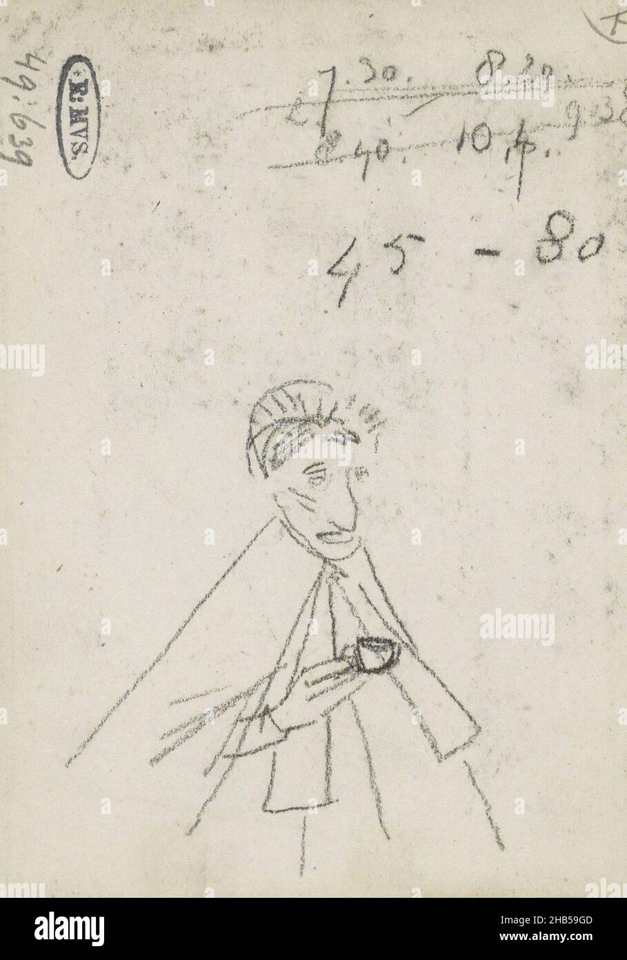 Die Frau trägt eine Kapuze und einen Mantel. Sie wird von vorne gesehen und auf halber Strecke gezogen. Seite 67 aus einem Skizzenbuch mit 32 Seiten, Frau mit Kopf., Zeichner: Marius Bauer, 1877 - 1932, Marius Bauer, 1877 - 1932 Stockfoto