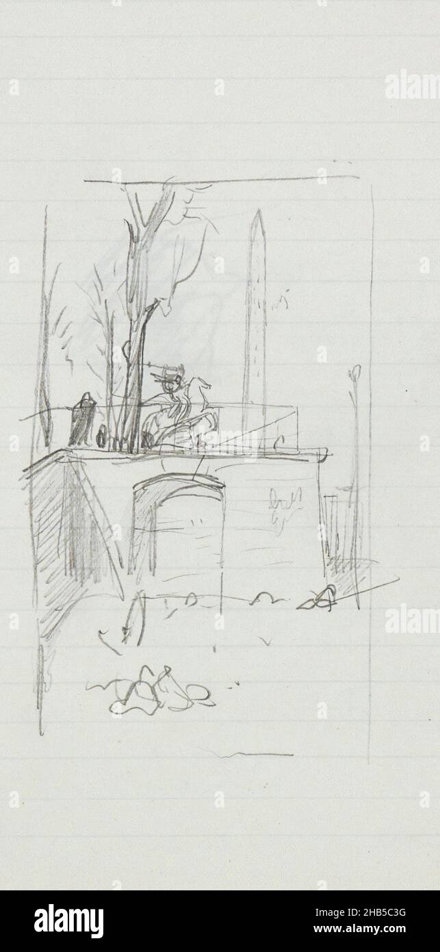 Im Hintergrund sieht man auch den Obelisken von Kleopatra. Seite 57 aus einem Skizzenbuch mit 68 Seiten, Bild von La Renommée (Fama) mit Trompete auf dem geflügelten Pferd Pegasus., Zeichner: Marius Bauer, Paris, 1877 - 1932, Marius Bauer, 1877 - 1932 Stockfoto