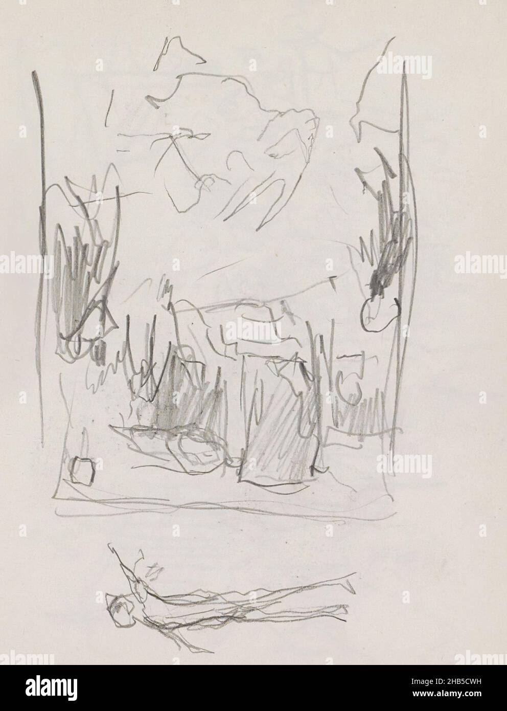 Auch eine Studie einer Figur mit erhobenen Armen. Seite 45 aus einem Skizzenbuch mit 75 Seiten, Straße mit Treppe., Zeichner: Marius Bauer, Indien, 1924 - 1925, Marius Bauer, 1924 - 1925 Stockfoto